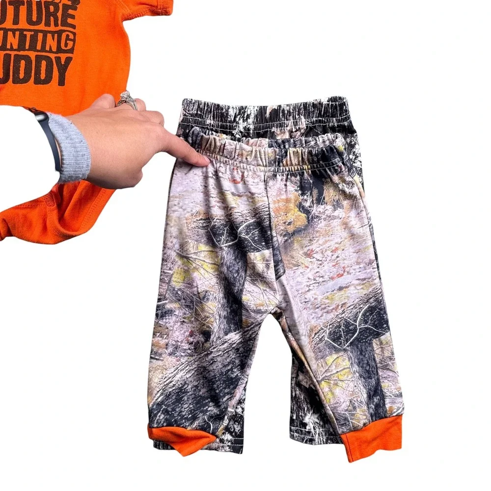Baby Boy Girl Orange Future Hunting Buddy Bodysuit & Camo Pants Set 0 3M 6M 323‎
